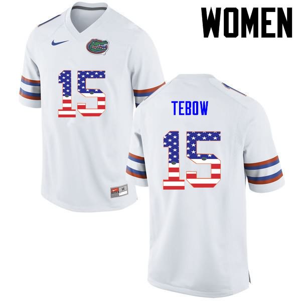 Women's NCAA Florida Gators Tim Tebow #15 Stitched Authentic USA Flag Fashion Nike White College Football Jersey GXR3065CL